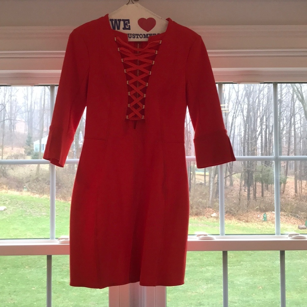 NWOT Elisabetta Franchi Red deep V lace up dress